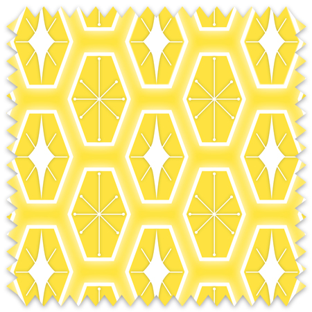 The artwork consists of a repeating geometric pattern featuring hexagonal shapes filled with two different designs. One design inside the hexagons includes a symmetrical starburst or asterisk-like figure with lines radiating from a central point, each line ending in a small circle. The other design features a white diamond shape with extended pointed ends within the yellow hexagon. These hexagons are outlined with a white border and set against a soft yellow background creating a vibrant, retro aesthetic. The use of yellow, white colors, along with the symmetrical arrangement, gives the pattern a mid-century modern, playful style.
